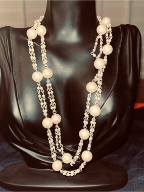 Trifari Elegant Cream Beaded Multi-Strand Necklace with Silver toned Chain